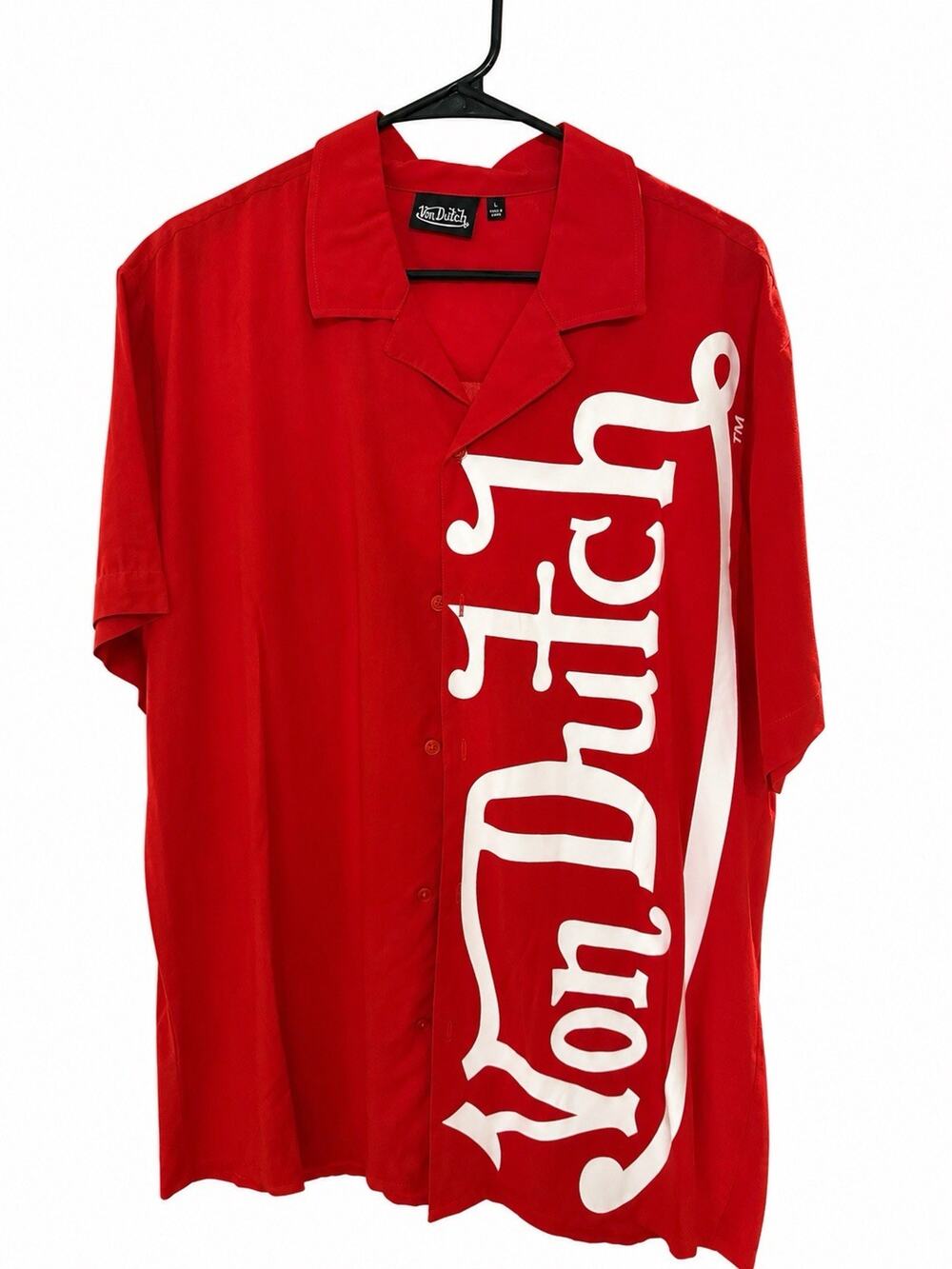 Von Dutch Red Button Up Shirt Large Y2K Camp Shirt Oversized Logo Streetwear